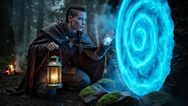 wizard kneel near portal in forest at night. lantern glow lights stone and moss. hand reaches toward magic spiral. cape drapes over cloak. spell energy swirls along path. rune mark glows nearby.