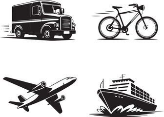 Set of four black silhouette vector icons of transportation vehicles truck delivery truck