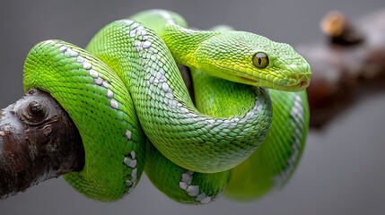 Fototapeta premium A close-up photo of a green snake coiled around a tree branch, its glossy scales and intricate patterns captivating the viewer in this stunning natural moment.
