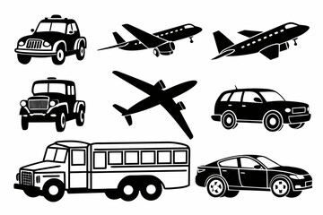 set of Transport Vehicle Silhouette Vector Collection Isolated on White Background