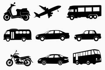 set of Transport Vehicle Silhouette Vector Collection Isolated on White Background