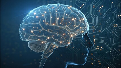 A digital illustration of a human brain with glowing neural connections, positioned beside a silhouette, symbolizing technology and consciousness.