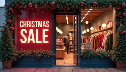 Festive retail storefront in documentary style classic red and green holiday promotion for seasonal shopping