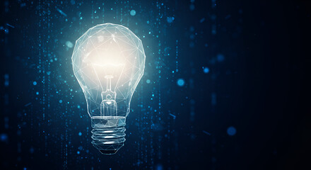 Sparking brilliant innovation with a glowing geometric lightbulb against a digital binary code backdrop, symbolizing new ideas and technological breakthroughs.