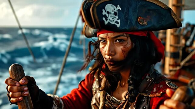 Fierce female pirate captain with a Jolly Roger hat at the helm of a ship on the open sea