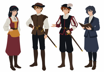 Stylized vector illustration of four diverse historical and fantasy characters, including a swordsman, peasant woman, and scholar.