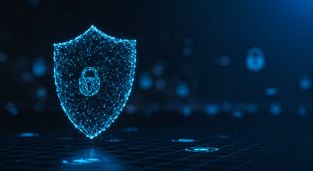 Stunning digital shield with padlock icon glows with secure data protection, representing cybersecurity and network defense in a modern technological world.