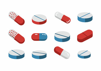 Collection of various medical pills, capsules, and tablets in an isometric flat vector style, representing healthcare and pharmaceuticals.