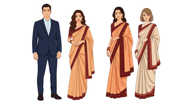 Elegant Indian fashion showcase with modern professional man in suit and three women in traditional sarees for cultural event or modern business gathering
