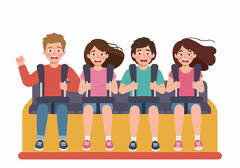 Four friends screaming on a thrilling roller coaster ride at an amusement park, cartoon illustration.