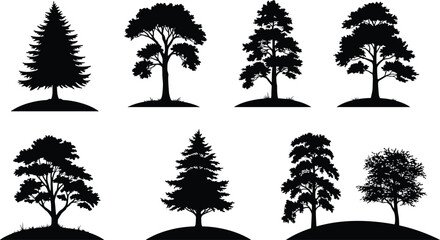 Tree silhouettes collection, black forest shapes, isolated botanical elements, nature design assets, landscape illustration, evergreen, deciduous, seasonal, minimal, vector