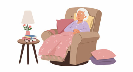 Peaceful senior woman napping comfortably in an armchair, covered by a blanket, isolated illustration of relaxation.