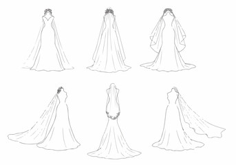 Obraz premium Set of six fashion illustrations depicting various wedding dress styles and bridal veils viewed from the back.