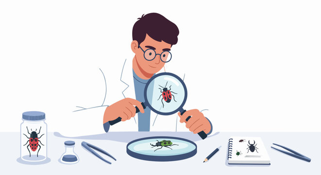 Young male entomologist or scientist studying insects with a magnifying glass in a laboratory.