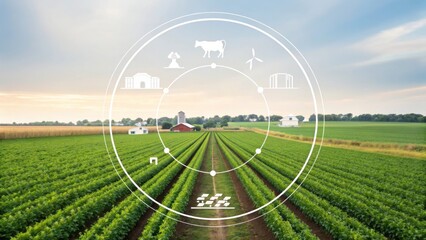 A picturesque farm landscape featuring rows of crops, barns, and symbols representing agricultural elements set against a blue sky.