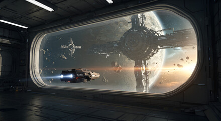 Futuristic spaceship cruising past space station with stunning view of alien planet during sunrise, sci-fi concept