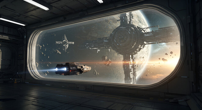 Futuristic spaceship cruising past space station with stunning view of alien planet during sunrise, sci-fi concept