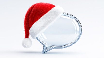 Glass blue transparent 3D figure speech bubble chat with a Santa Claus hat isolated on white background, icon, space for text