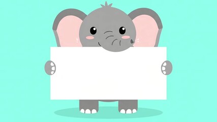 Cute Cartoon Elephant Holding Blank Sign on Blue Background.