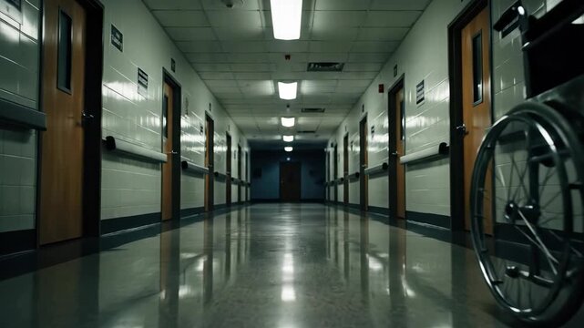 Empty wheelchair in a dark, creepy hospital hallway. Slow forward dolly shot down a long, eerie corridor for a horror or thriller scene