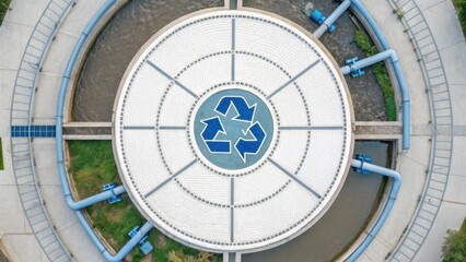 An aerial view of a circular water treatment facility featuring recycling symbols and blue pipelines, emphasizing sustainability and environmental management.