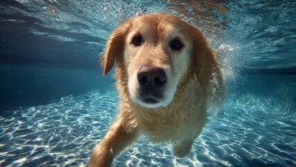 Golden retriever dog swims underwater in bright blue pool on sunny day. 
