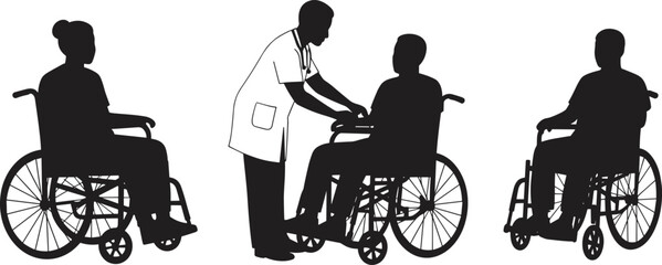 Wheelchair silhouettes, healthcare support scene, medical caregiver illustration, patient assistance vector, black graphic, rehabilitation concept, disability care, hospital interaction