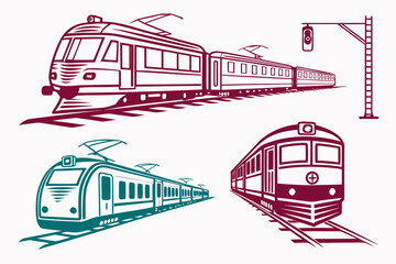 set of Train and Railway Silhouette Vector Collection Isolated on White Background