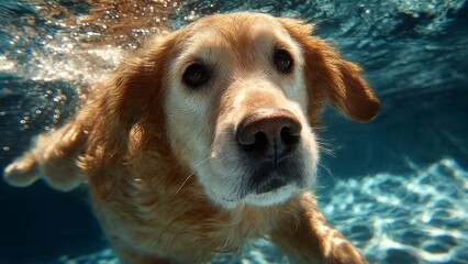 Golden retriever dog swims underwater in bright blue pool on sunny day. Close up