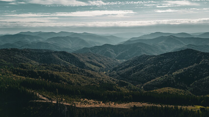 Cinematic drone shot of deep Carpathian valleys and endless green ridges under dramatic clouds, showing the untouched power of mountain wilderness