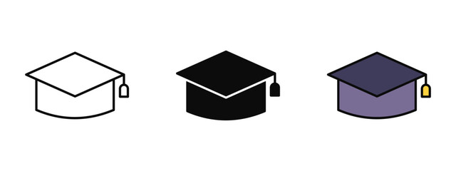 Graduation cap icon collection designed in stroke, fill, and color variations, isolated on a white background. Perfect for education apps, web interfaces, academic projects, and university concepts.