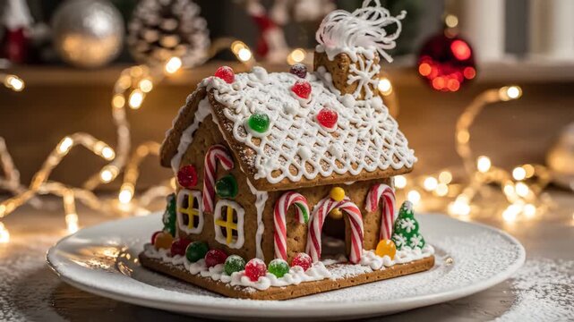 A decorated gingerbread house for Christmas. Slow motion close-up of a festive holiday dessert with candy and icing. Traditional homemade baking concept