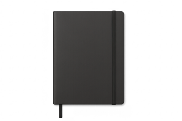 Black notebook with elastic band and bookmark, transparent background