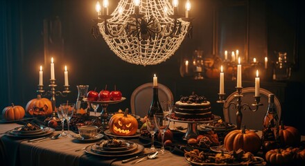 Lavish Halloween Feast with Glowing Pumpkins and Silver Candelabras