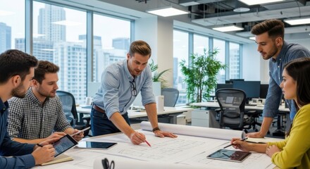 Creative team of architects and engineers in a meeting, discussing a project. Professionals collaborating on a blueprint plan in a modern office with a city view. Teamwork.