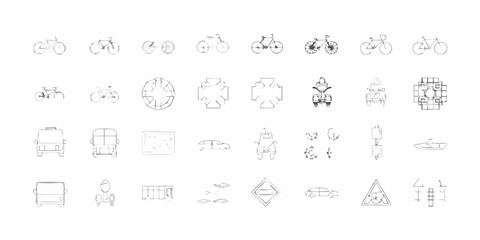 Collection of hand drawn style vehicle icons and transportation symbols in a grid layout