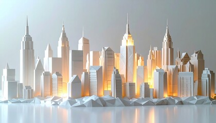 Fototapeta premium Stunning minimalist paper city skyline glows with warm light evoking modern architecture and urban dreams
