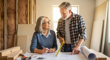 Senior couple planning home renovation with blueprint. Happy mature man pointing at house plan, woman smiling. DIY, construction, architecture, teamwork, real estate, mortgage.