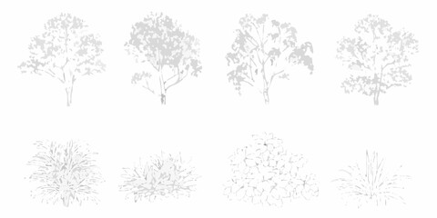 Collection of stylized minimalist trees and bushes in a simple graphic design style