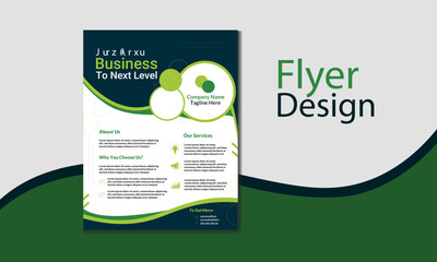 Corporate flyer with a green and dark blue modern design template. The template is designed with round-shaped elements.