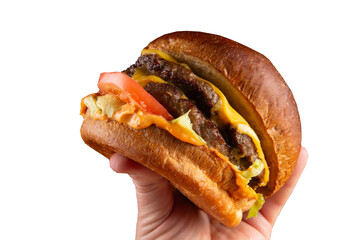 A delicious cheeseburger in hands against. Transparent.