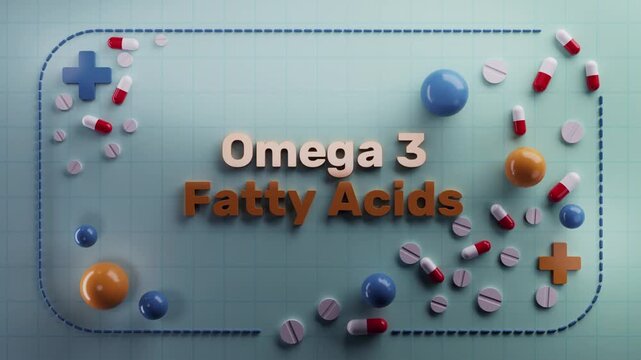 Omega 3 Fatty Acids text animation on 3D medical background