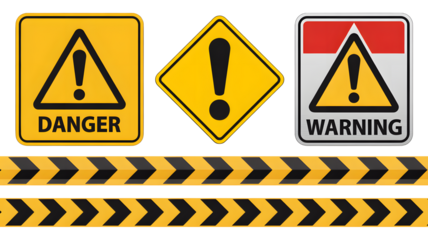 Essential warning signs and hazard tape collection for safety alerts and construction sites