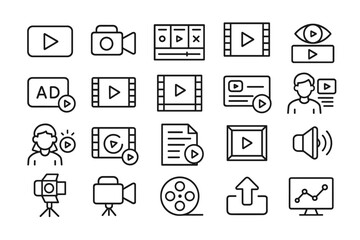 A set of line art icons thematically related to video, film, streaming, and content creation. They are designed in a minimalist style with thin lines.