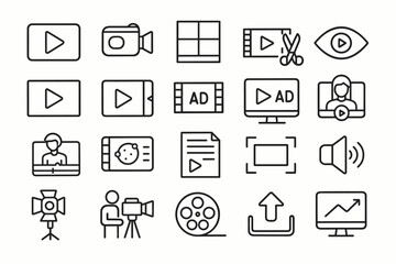 A set of line art icons thematically related to video, film, streaming, and content creation. They are designed in a minimalist style with thin lines.