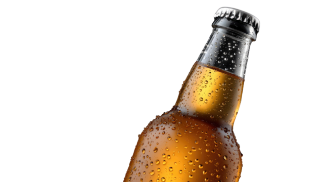 Chilled Beer Bottle: A close-up shot of a cold beer bottle glistening with condensation. The refreshing beverage sits, perfect for summer relaxation.