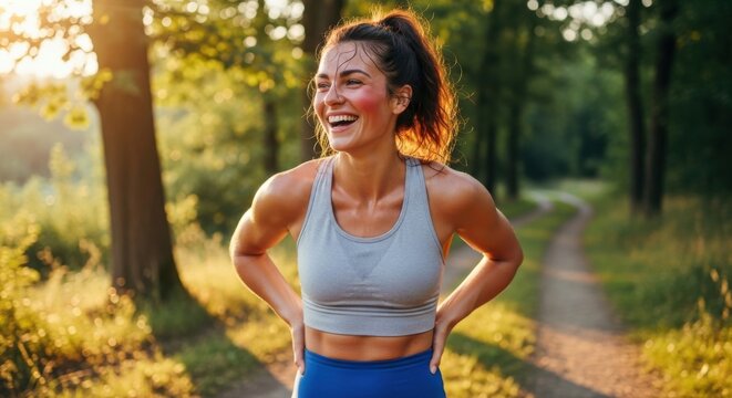 Happy athletic woman laughing after running workout in a sunny forest. Sweaty fit female taking a break. Concept of healthy lifestyle, sport motivation, wellness and body positive.