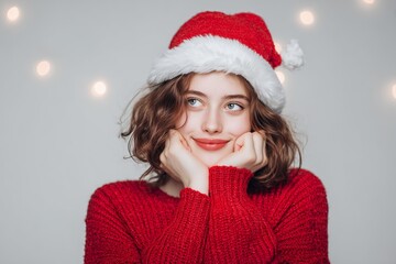 Smiling Woman in Red Sweater and Santa Hat with Warm Holiday Lights