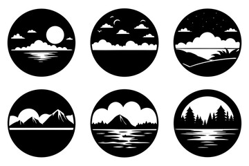 Sunset Landscape Silhouette Pack Isolated on White Background