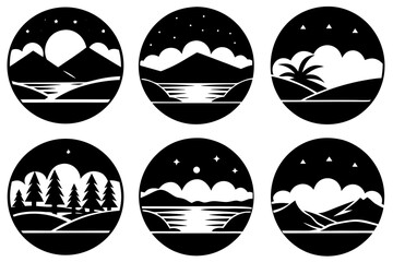 set of Sunset Landscape Silhouette Pack Isolated on White Background